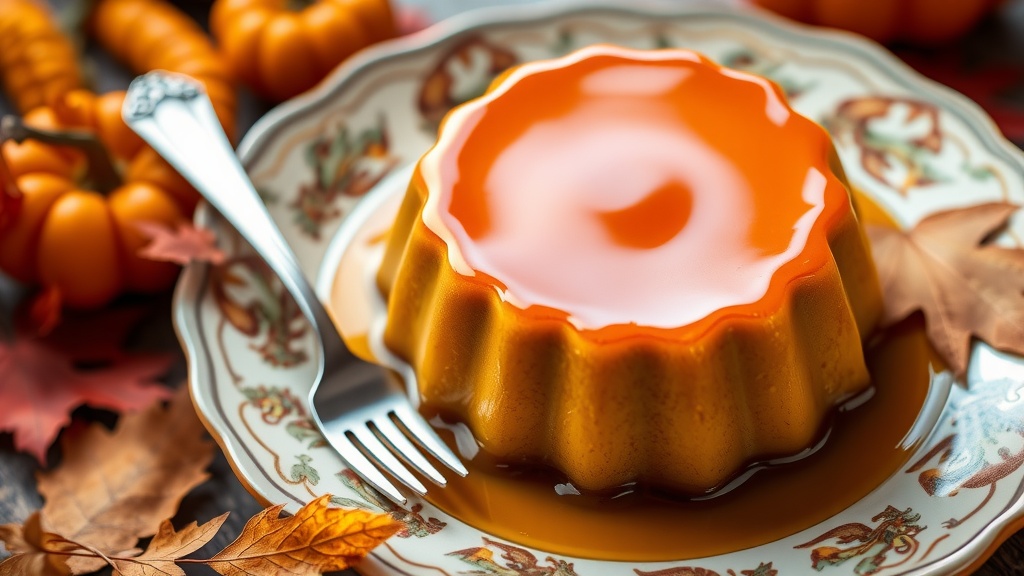 Creamy Pumpkin Flan Recipe A creamy Pumpkin Flan drizzled with caramel on a decorative plate with autumn leaves and pumpkins around.
